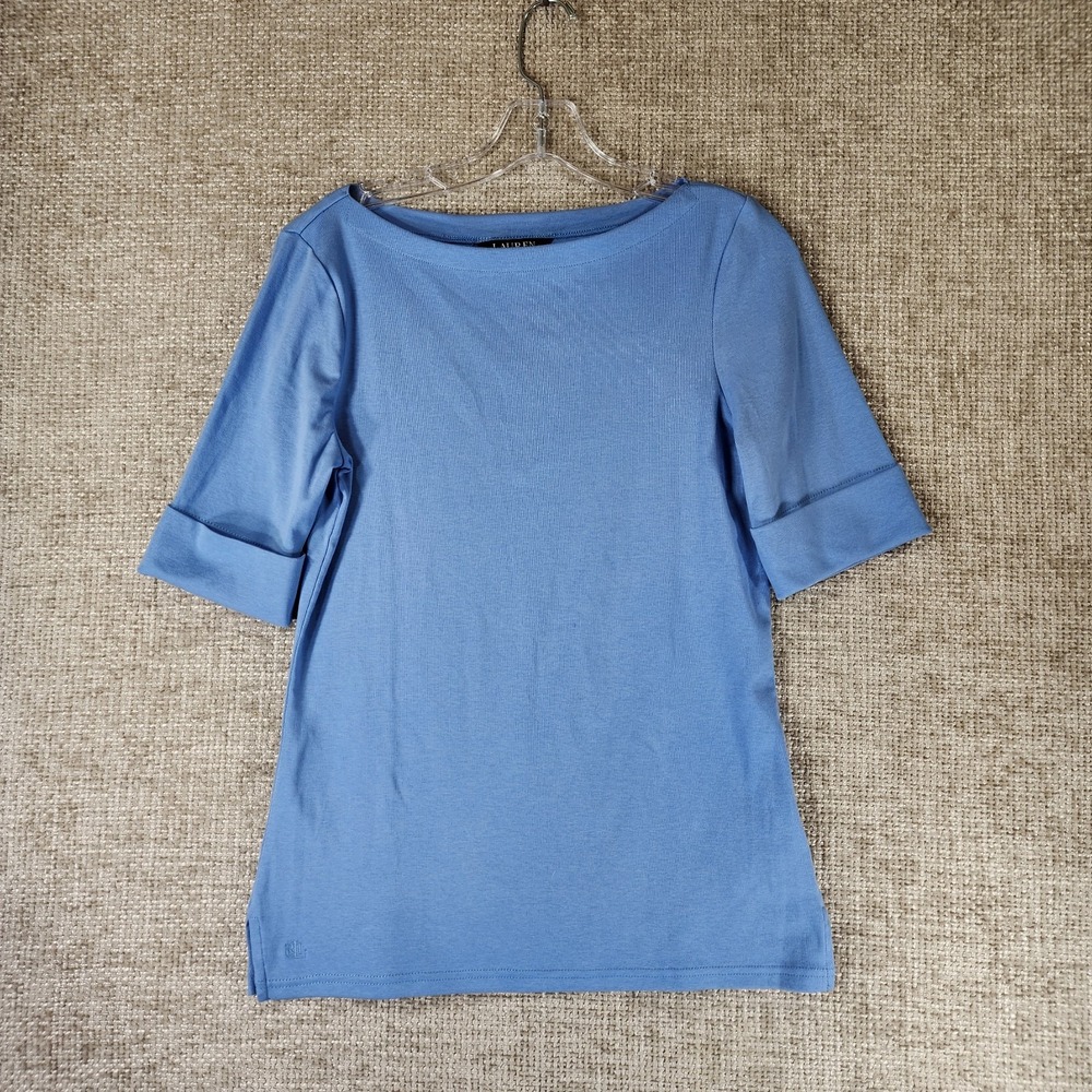 Lauren Ralph Lauren Boat Neck Tee Womens M Blue Stretch Cotton Cuffd Half Sleeve